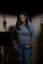 Judith Sephuma, South African singer recording vocal part on Afro-pop song in studio