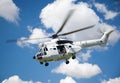 JOHANNESBURG, SOUTH AFRICA - APRIL 2017 South African Air Force Oryx helicopter painted in United Nations white with a soldier