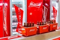 Budweiser bottles of beer in red branded ice bucket on bar counter Royalty Free Stock Photo