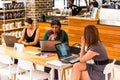 Diverse Female Customers using Internet in a Coffee Shop