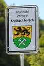 Johanngeorgenstadt, Germany - June 11, 2023: Border sign at German-Czech border in Johanngeorgenstadt, Saxony