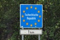 Johanngeorgenstadt, Germany - June 11, 2023: Border sign at German-Czech border in Johanngeorgenstadt, a mining town in Saxony