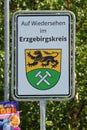 Johanngeorgenstadt, Germany - June 11, 2023: Border sign at German-Czech border in Johanngeorgenstadt, Saxony