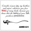 James 1:2-3- Consider it joy whenever you face trials of many kinds, faith and perseverance vector on white background for Christi