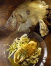 John Dory fillet ,shredded leeks ,oyster sauce Royalty Free Stock Photo