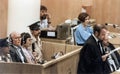 John Ivan Demjanjuk (2nd from left) Listens to his Trial as Defense Attorney Yoram Sheftel Speaks in Jerusalem in 1987