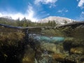 John Muir Wilderness trail in the Eastern Sierra Nevada Mountains in California. Heart Lake, with a split underwater / above water