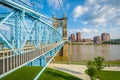 The John A. Roebling Suspension Bridge, seen from Smale Riverfront Park, in Cincinnati, Ohio