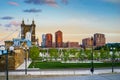 John A. Roebling Suspension Bridge Sunset, Cincinnati, Ohio Royalty Free Stock Photo