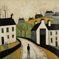 Moody Figurative Painting Of A Village With Young British Artists Influence