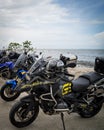 BMW motorcycle  parking together with Super Tenere near the beach Royalty Free Stock Photo