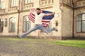Join celebration. Patriotic guy expressing happiness in street. Patriotic spirit. Patriotic man jumping with american