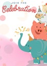 Join the celebration written in blue and red with happy circus animals on pink and white background