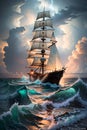 The Sailing Ship\'s Daring Struggle to Reach the Shore amidst a Raging Storm. AI generated