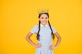 Join luxury class. Succeed in education. Celebrating success. Happy schoolgirl wear golden crown symbol of success