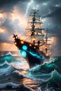 The Magnificent Classic Wooden Pirate Ship\'s Journey through a Stormy Sky and Massive Waves on the Ocean. AI generated