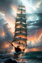 The Mighty Pirate Ship\'s Endeavor to Sail through Stormy Skies and Rolling Waves on a Challenging Sea. AI generated