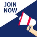 JOIN NOW Announcement. Hand Holding Megaphone With Speech Bubble. Register online. Join today. Apply online. Join us now Royalty Free Stock Photo