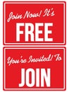 Join Now Free membership invitation signs Royalty Free Stock Photo