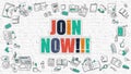 Join Now in Multicolor. Doodle Design. Royalty Free Stock Photo