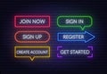 Join now, Sign in, Sign up, Register, Create account, Get started neon sign on a brick background. Multicolored glowing