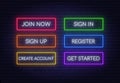 Join now, Sign in, Sign up, Register, Create account, Get started neon sign on a brick background. Multicolored glowing