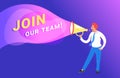 Join our creative team concept vector illustration of happy manager shouting on megaphone to invite new customers Royalty Free Stock Photo