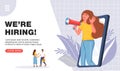 Join our team concept. Recruitment agency. Woman shouting on megaphone with we are hiring word. Royalty Free Stock Photo