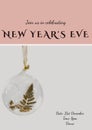 Join us in celebrating new year\'s eve party text over glass bauble on white background