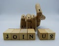 Join us concept with wooden hand on white background Royalty Free Stock Photo