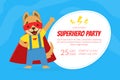 Join Us for a Superhero Party Invitation Card Template with Cute Funny Dog Character Cartoon Vector Illustration