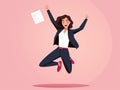 Energetic Female Teacher Jumping with Joy, Holding Laptop Flat illustration Style Royalty Free Stock Photo