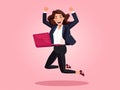 Energetic Female Teacher Jumping with Joy, Holding Laptop Flat illustration Style Royalty Free Stock Photo