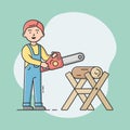 Joiner Profession Concept. Young Professional Carpenter In Uniform With Work Tools At Workplace And Sawing Log By Royalty Free Stock Photo