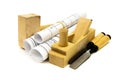 Joiner's works. Drawings for building and working Royalty Free Stock Photo