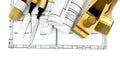 Joiner's works. Drawings for building and working Royalty Free Stock Photo