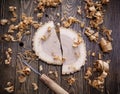 Joiner tools and shavings on wood table background at the workshop Royalty Free Stock Photo