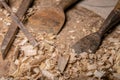 Joiner tools on wood table Royalty Free Stock Photo