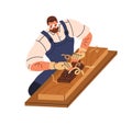 Joiner works with wood planer, manual tool. Carpenter planing wooden plank, timber, hardwood with woodwork instrument