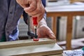 Joinery. Carpenter clamping plywood parts . Furniture manufacture.