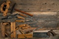 Joinery tools on wood table background with copy space Royalty Free Stock Photo