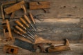 Joinery tools on wood table background with copy space Royalty Free Stock Photo