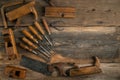 Joinery tools on wood table background with copy space Royalty Free Stock Photo