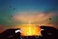 Joining two pieces of glass puzzle against sunset background Royalty Free Stock Photo