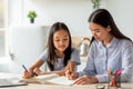 Joint activities and interests concept. Young asian mother and daughter drawing with markers, sitting in kitchen Royalty Free Stock Photo