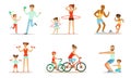 Joint Activity Of Parents And Children, Sports And Exercises Vector Illustration Set Isolated On White Background Royalty Free Stock Photo