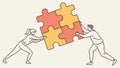 Joint effort: two people combining large puzzle pieces to solve problems vector design Generative AI Royalty Free Stock Photo