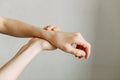 Joint and elbow injuries, fatigue at work. Area of the injury, the image on a clean background. Royalty Free Stock Photo