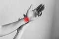 Joint and elbow injuries, fatigue at work. Area of the injury, the image on a clean background. Royalty Free Stock Photo