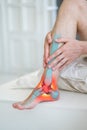 Joint inflammation, foot pain, man suffering from feet ache at home, podiatry concept